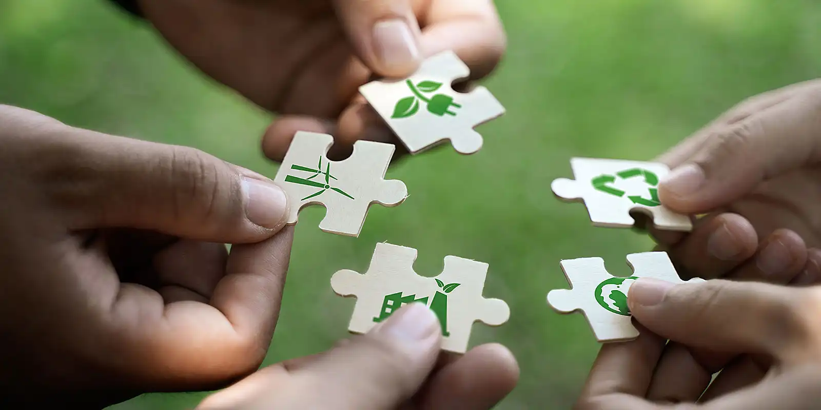 Hands show five puzzle pieces with environmental symbols.